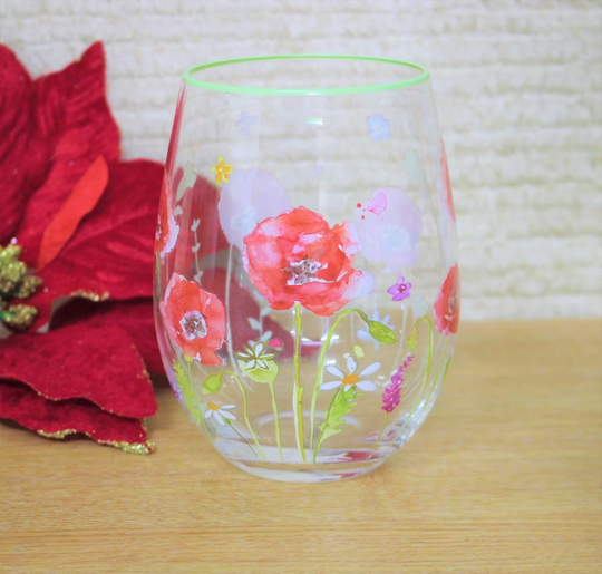 Poppy Fields Stemless Cocktail Gin Glass Balloon Flowers Floral Handpaint Design