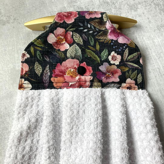 Lilac & Coral Flower Handmade Hanging Kitchen Hand Towel With Snap Closure, Easy Hang Stay Put Dish Loop For Knobs