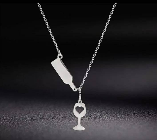 Stainless Steel Wine Glass & Wine Bottle Necklace. Super Shiney Perfect 21St Birthday Gift Or For Any Lover 57cm