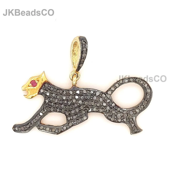 Pave Diamond Two Tone Ruby Eye Tigar Charms Pendant Sterling Silver 925 Jewelry, Handmade Pendant, 31x14mm, Setting Diamonds Necklace
