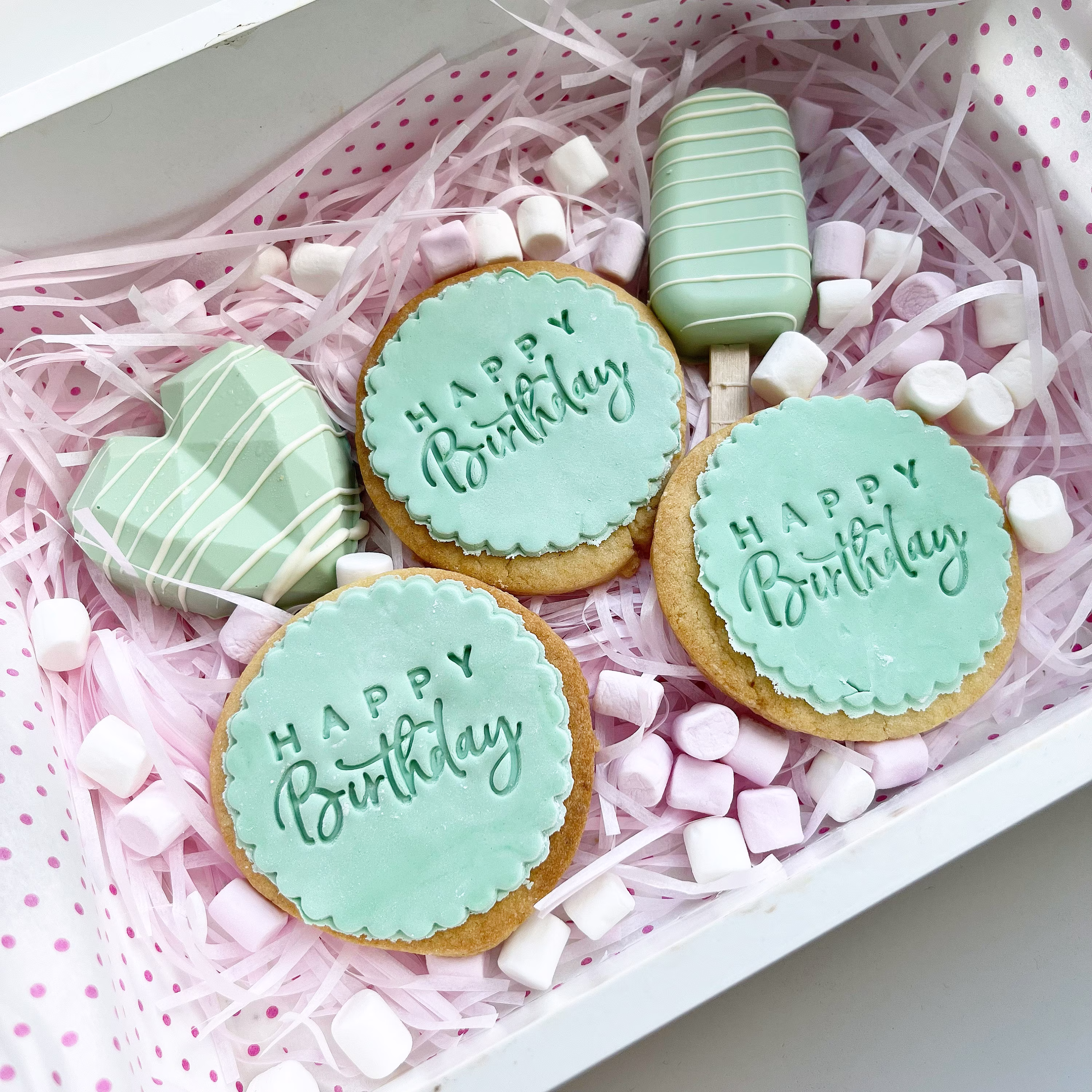 Happy Birthday Treat Box - With Biscuits & Chocolate | Gift Cakesicle & Geo Heart Treatbox