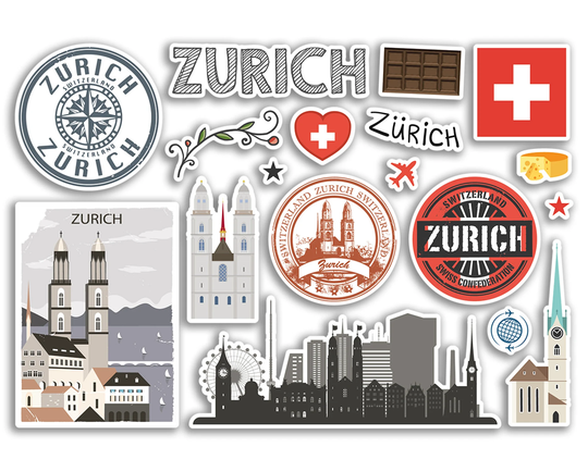 A5 Sticker Sheet Zurich Landmarks Vinyl Stickers - Switzerland City Airport Stamps Skyline Flag Travel Holiday Scrapbook Aesthetic #79142
