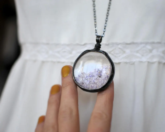 Floating Necklace, Amethyst Suncatcher, Smashed Amethyst, Dancing Stones, Gemstone Jewelry, Terrarium Necklace, Shake It Locket