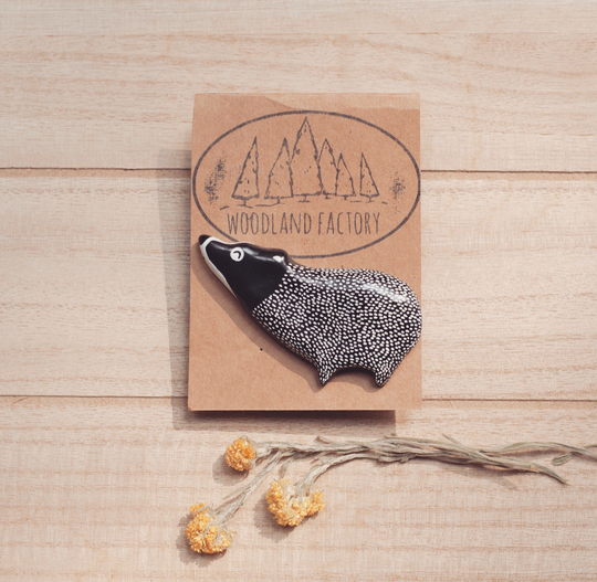 Badger Brooch Or Fridge Magnet - A Handmade Polymer Clay Lapel Pin Cute Ceramic Floral Badge Woodland Gift Black Kitchen Jewellery Vegan