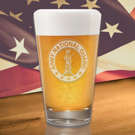 National Guard Emblem Pint Glass, Gift Idea, Military Etched Glassware, Mancave Barware