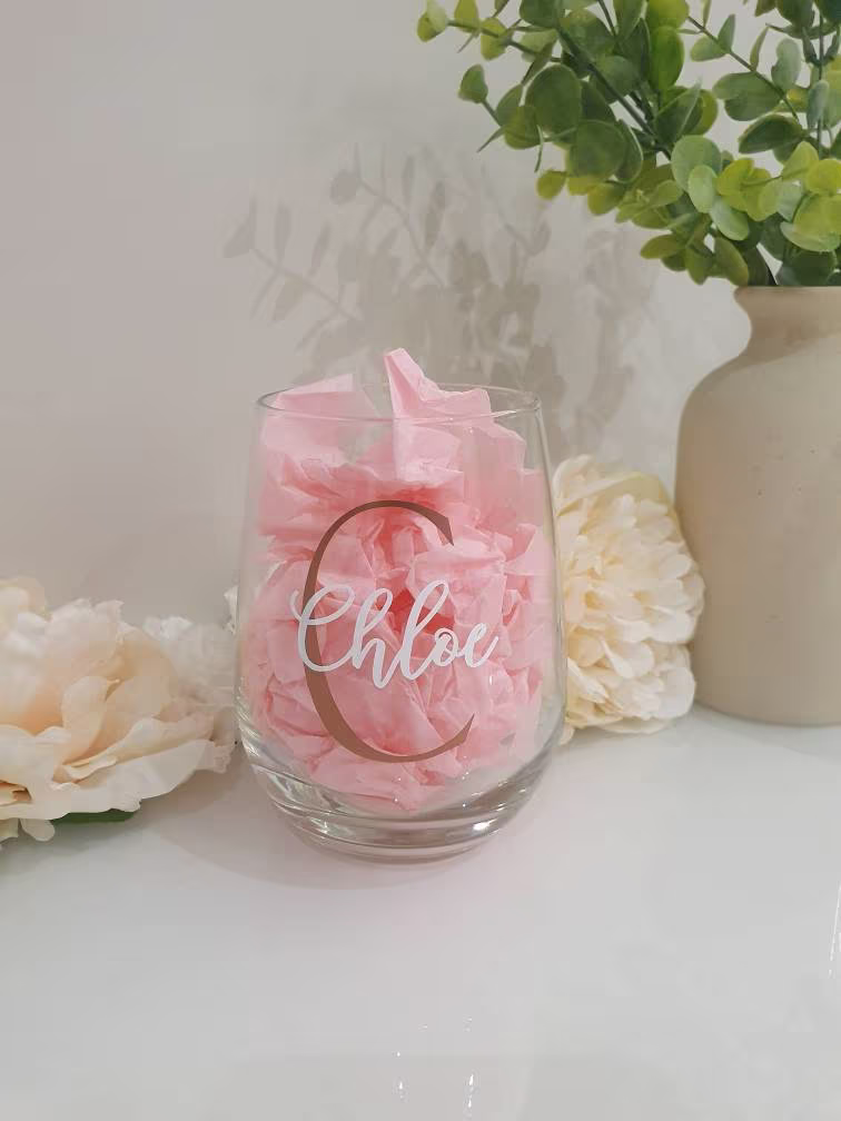Personalised Stemless Wine Glass, Initial Glass, Birthday Gift, Wedding Bridesmaid