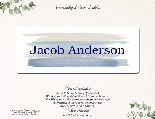 Name Stickers For Boys, School Supply Labels Personalized Labels, Stickers, Custom Blue Denim Brush Strokes