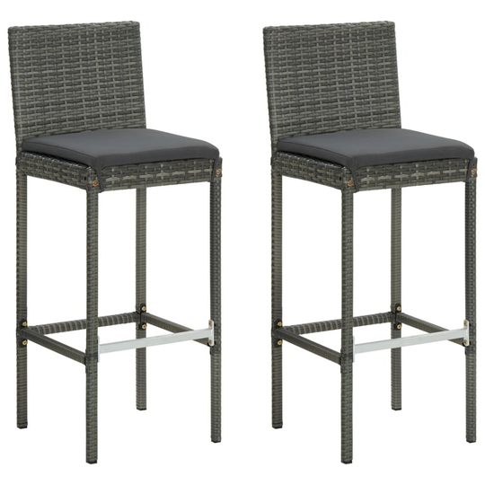 vidaXL 2x Garden Bar Stools with Cushions Grey Poly Rattan Outdoor Lounge Seat