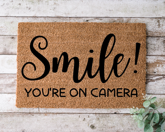 Smile You're On Camera, Door Mat, Funny Doormat, Wedding Gift, Housewarming Gift, Home Welcome Closing Gift - 1153