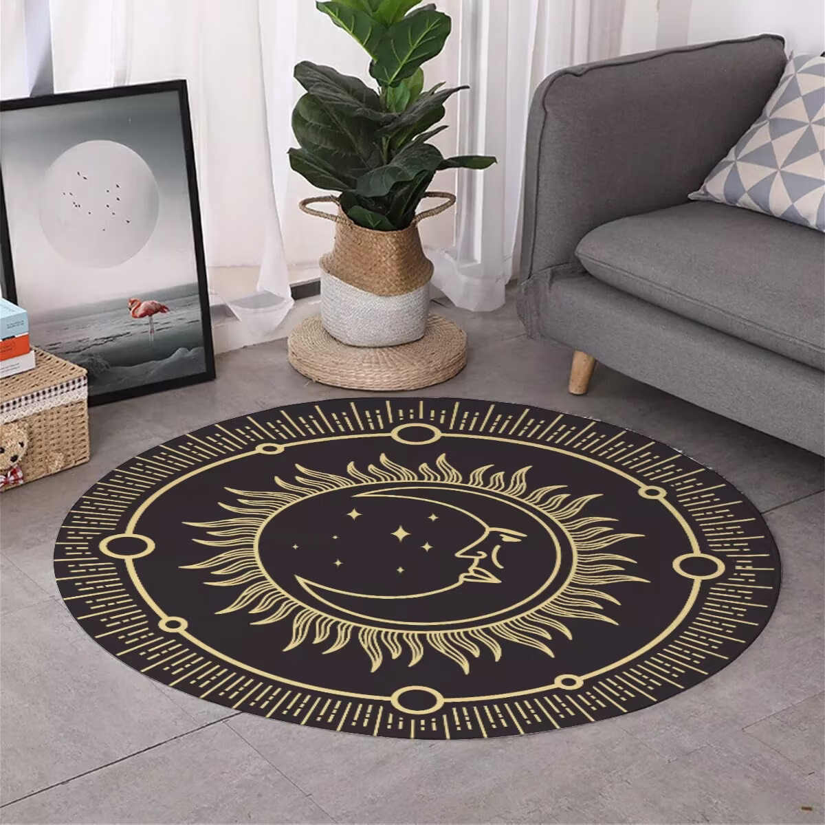 Boho Sun & Moon Round Area Rug