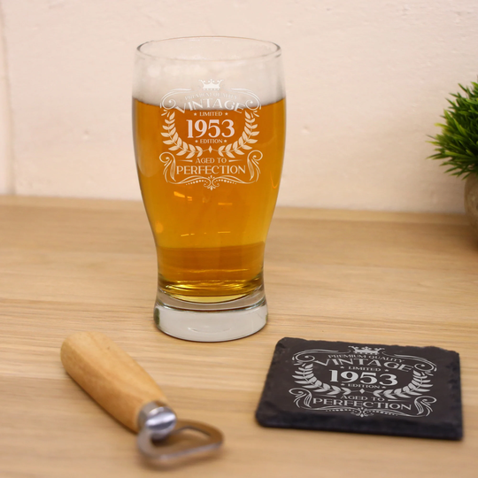 Vintage 1953 Engraved Beer Pint Glass - 70Th Birthday Aged To Perfection 70 Year Old Gifts Cider Lager Tulip & Coaster Set