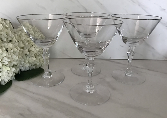 Fostoria Vintage Crystal Platinum Rim Engagement Pattern. Martini, Manhattan Or Wine Glasses. 1960's Set Of Four
