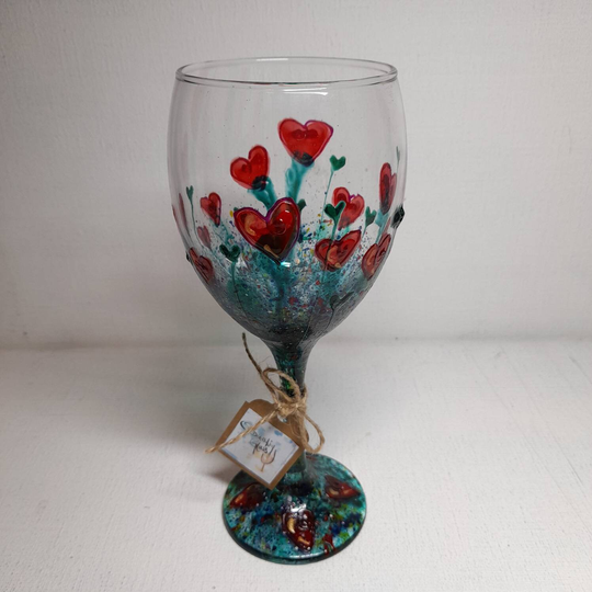Hearts & Flowers, Wine Glass, Hand Painted Glass | Can Be Personalised For Free Unique, Perfect Gift To Order Her Him