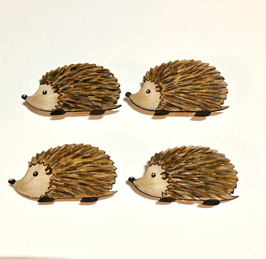 Hedgehog Magnetic Note Clips Set Of Four, Original Art & Hand Painted Wooden Clips. A Donation Is Made To Rachel's Hedgehog Ryston