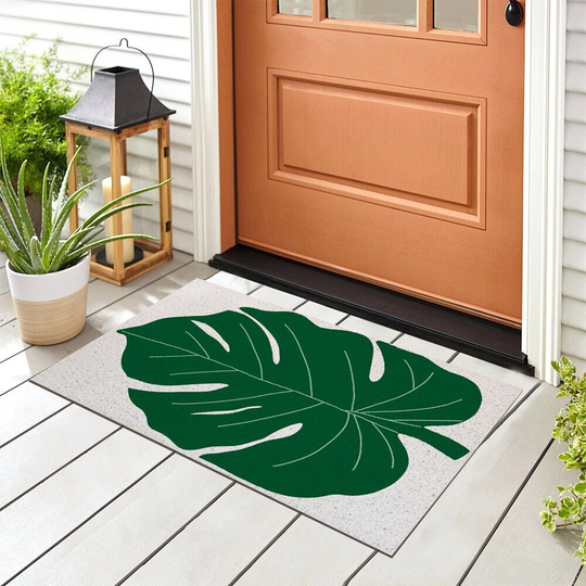 Green Monstera Leave Entrance Door Mat, Country Style Nature Patio Doormat, Anti Skid PVC Coil Mats, Washable Entryway Doormat