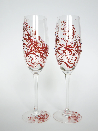 Hand Painted Wedding Toasting Flutes Set Of 2 Personalized Champagne Glasses Red Ornaments With Crystals