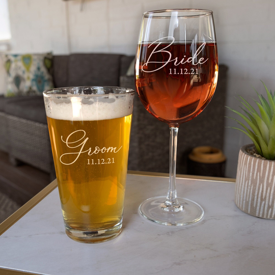 Bride & Groom Beer & Wine Glass Set, His Hers, Etched Toasting Glasses, Wedding Or Engagement Gifts, Design Hh6