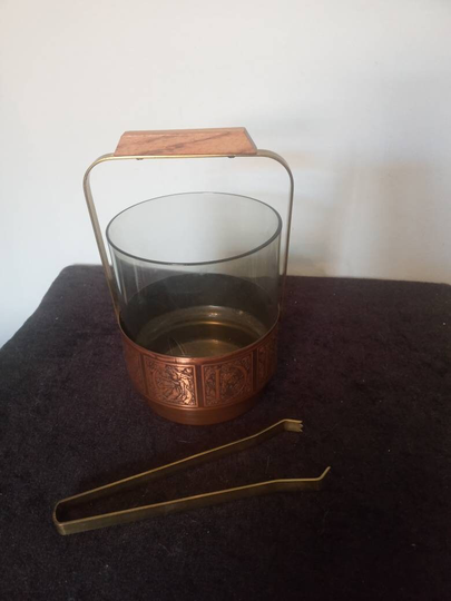Vintage 1970S Ice Cube Bucket With A Teak & Brass Handle Smoked Glass Liner Copper Alphabet Engraved Decoration Original Tongs