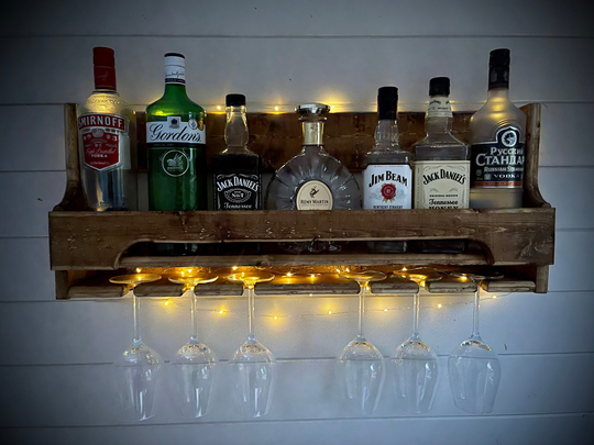 75cm Floating Home Bar/ Wine Or Spirit Rack - Reclaimed Wood Curved Front - Dark Oak + Led Lights Option