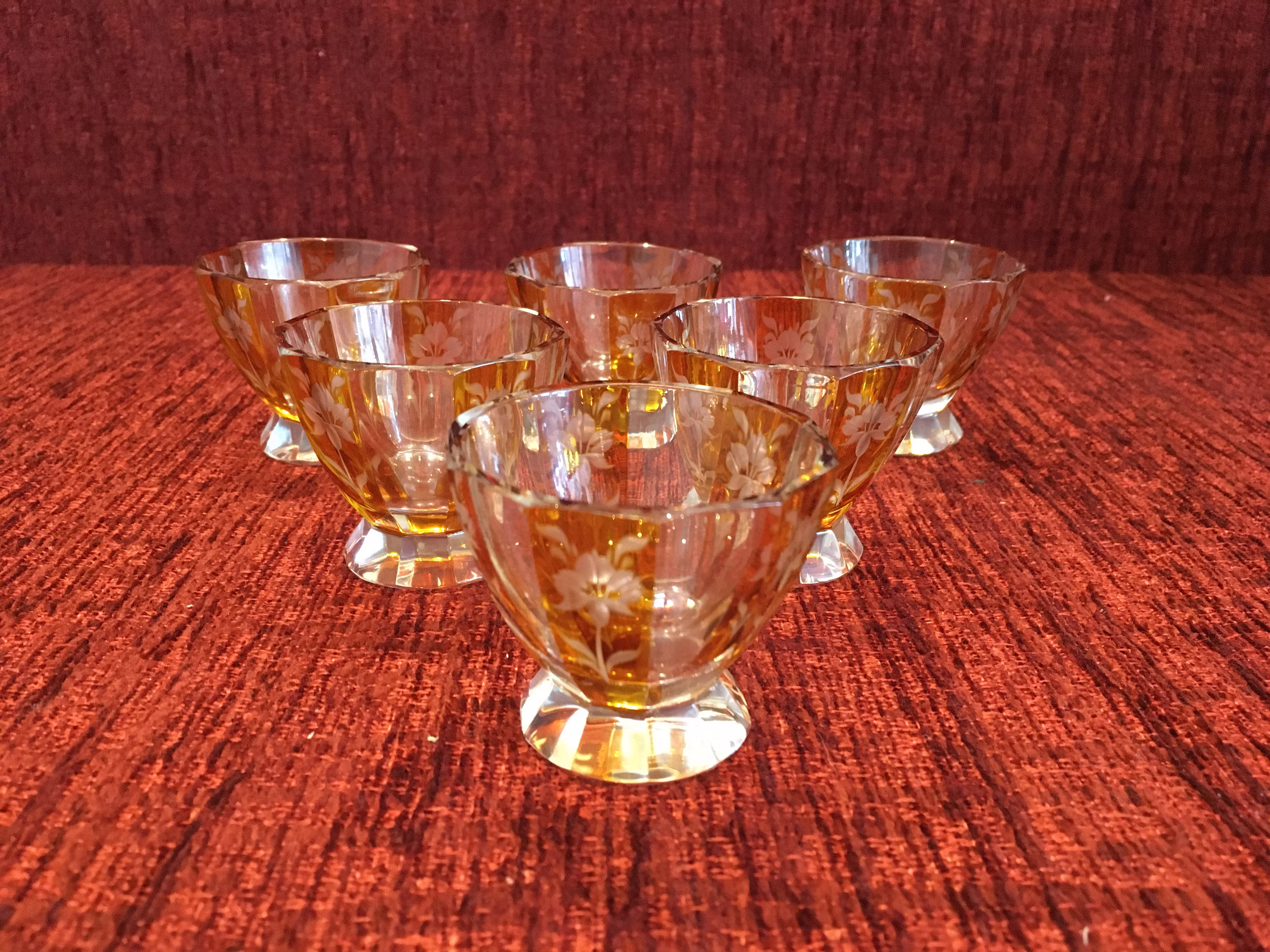 Antique Art Deco Circa 1920 Set Of Six Etched Bohemian Amber Glasses With Floral Design Tableware Fine Dining Small Shot