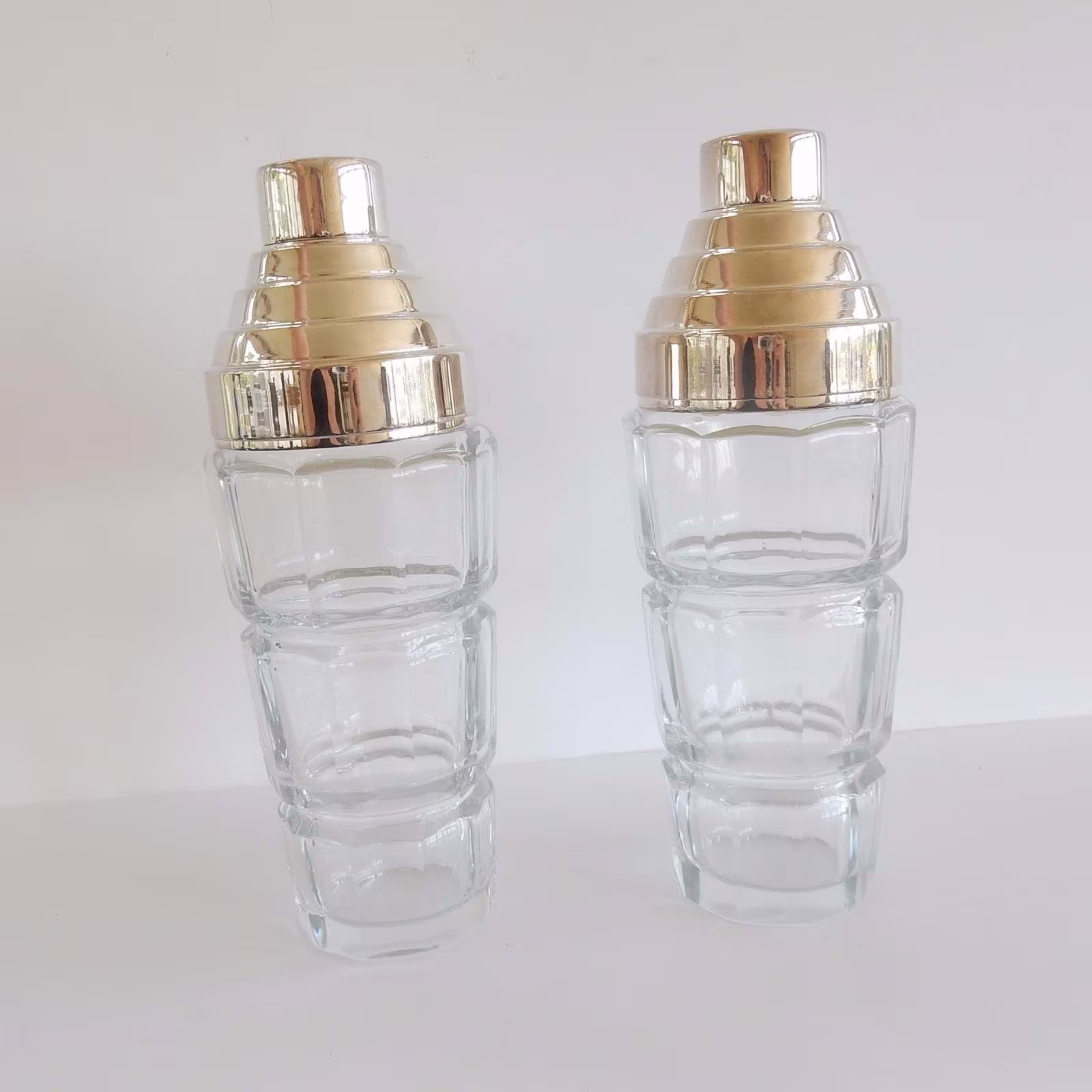 Art Deco Silver Plate Glass Cocktail Shakers