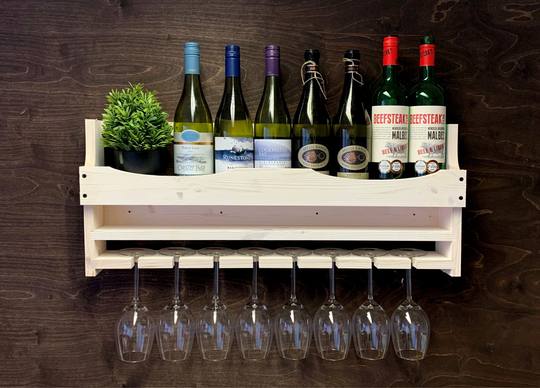 Shabby Chic Personalised Wooden Wine Bottle Holder & 8 Glass - Wall Mounted Display Home Bar Man Cave She Rum Whiskey | 8Sc | Em