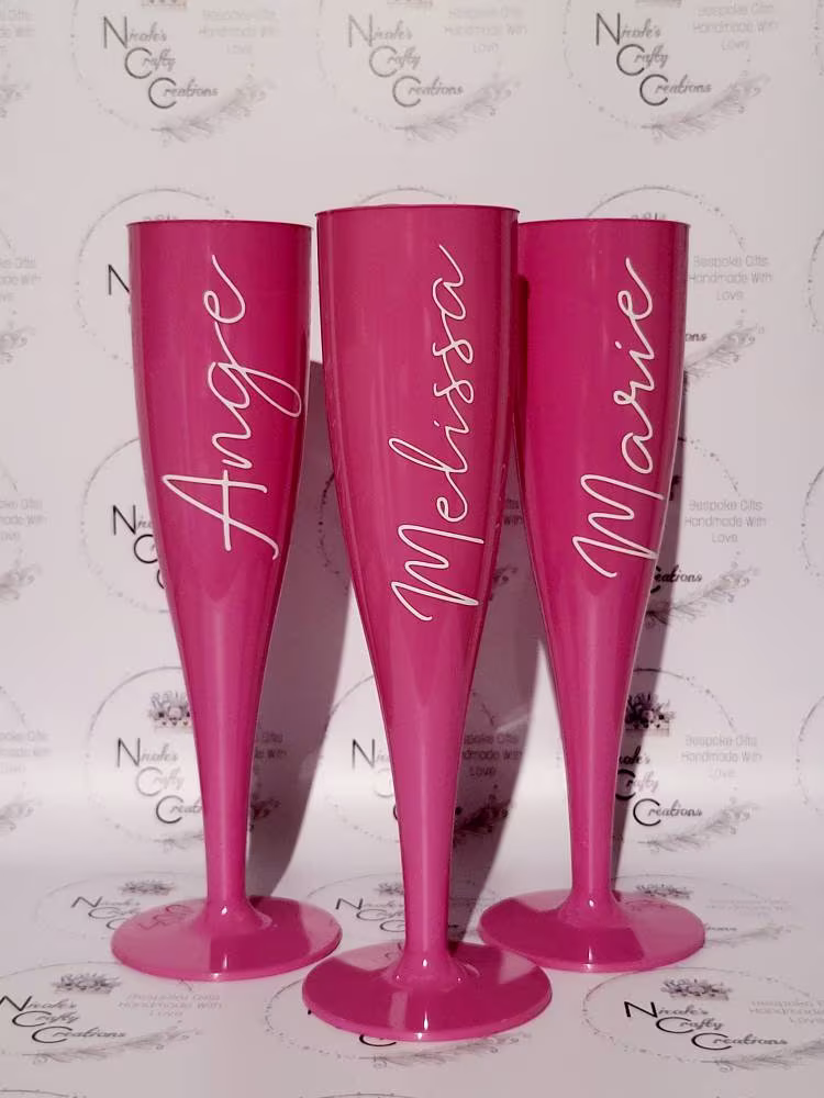 Personalised Pink Champagne Flutes, Hen Party Gifts, Bridesmaid Gift, Bridal Prosecco Wedding Favour, Biodegradable Flutes