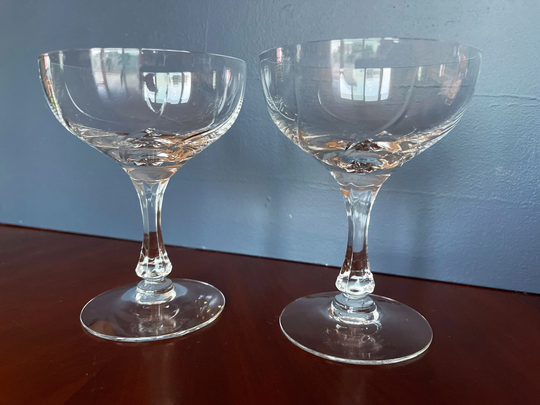 Champagne Coupe Glasses, Set Of 2, Unique Martini Or Cocktail Wide Open Bowl, Cut Crystal Swirls, Old Hollywood Style