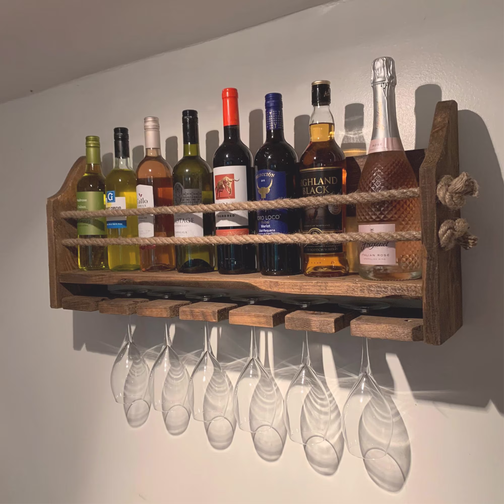 Wooden Wall Mounted Wine Rack, Choice Of Finishes, Perfect For Wine, Gin, Spirits, Champagne. Holds 6 Glasses & 8-9 Bottles. Rustic Wood