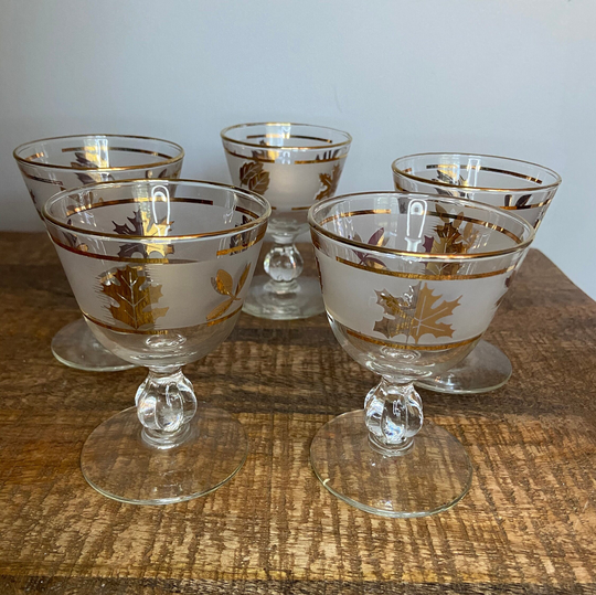 Libby Frosted Glass W Gold Leaves Cordial Champagne Glasses Set Of 5