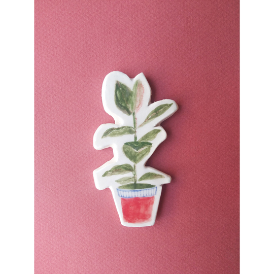 Handmade & Hand-Painted Ceramic Plant Ficus Magnet With Floral Botanical Illustration