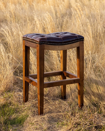 Tufted Brown Leather Saddle Stool, Solid Wood Western Ranch Barstool