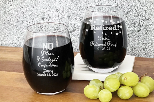 Set Of 12 | Engraved Retirement Design Personalized Stemless Wine Glass Favors Dm74 Retired Birthday