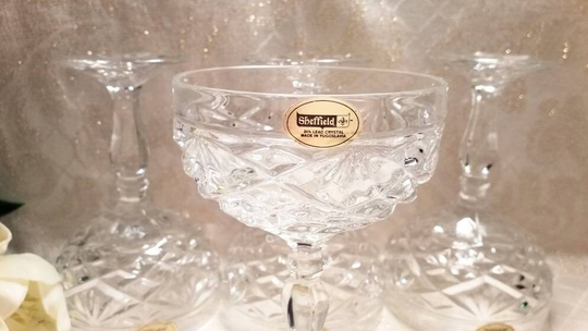 Sheffield Crystal Champagne Glasses Elegant Four Wedding Or Special Occasion Glassware Original Stickers Always Free Domestic Shipping
