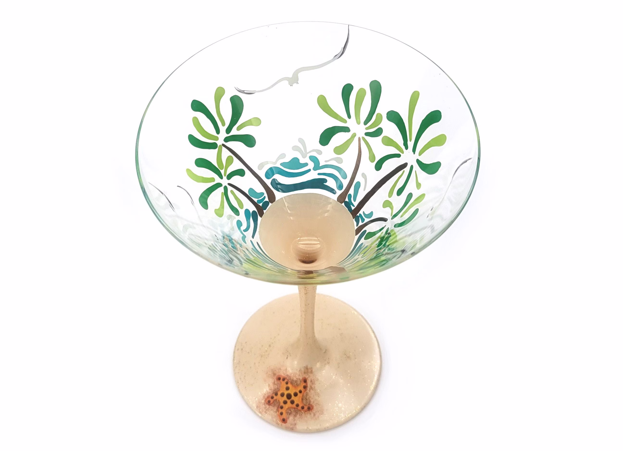 Tropical Scene Martini Glass - Hand Painted Beach Theme Palm Trees, Waves, Sparkly Sand, Seagulls Summer Cocktail