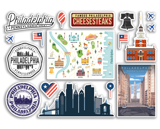 A5 Sticker Sheet Philadelphia Landmarks Vinyl Stickers - Usa America City Airport Stamps Skyline Flag Map Travel Holiday Scrapbook #79154