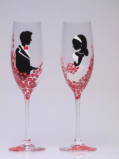 Hand Painted Wedding Toasting Flutes Set Of 2 Personalized Champagne Glasses Red Black & White - Passion Flowers