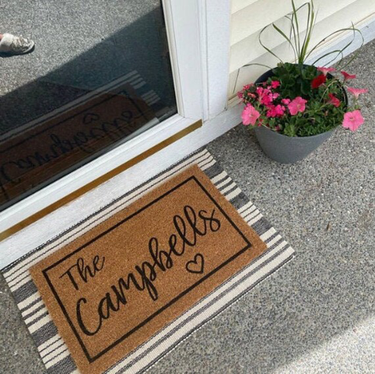 Personalized Name Doormat Heart, Flocked Coir Door Mat, Welcome Engagement Wedding Gift, Realtor Client Outdoor Rug, Double