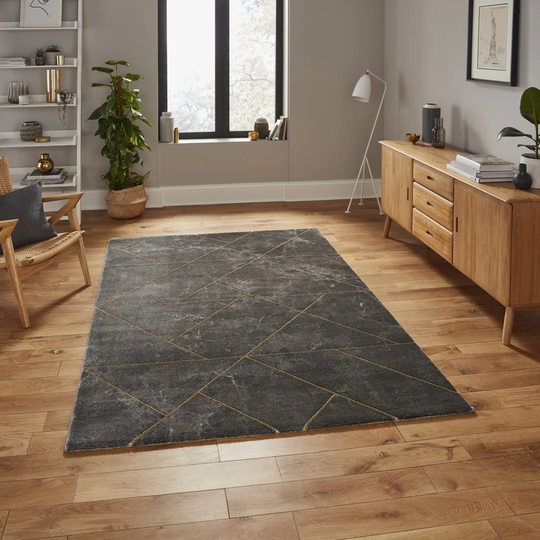 Machine Woven Dark Grey/Gold Rug