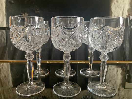Vintage Set Of Six Heavy Cut Crystal Wine Glasses, Goblets, Glasses