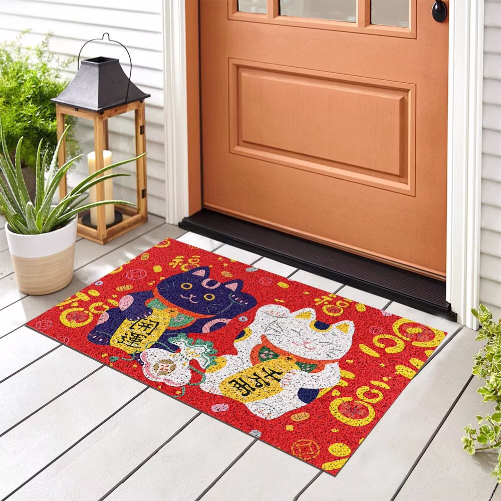 Japanese Style Entrance Door Mat, Red Lucky Cat Patio Doormat, PVC Doorway Mats Home, Entryway Washable, Maneki Neko Decor