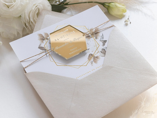Pampas Save The Date With Magnet - Luxury Mirror Plexi Acrylic Hexagon, The Cards, Wedding Invite, Rose Gold Foil Envelope