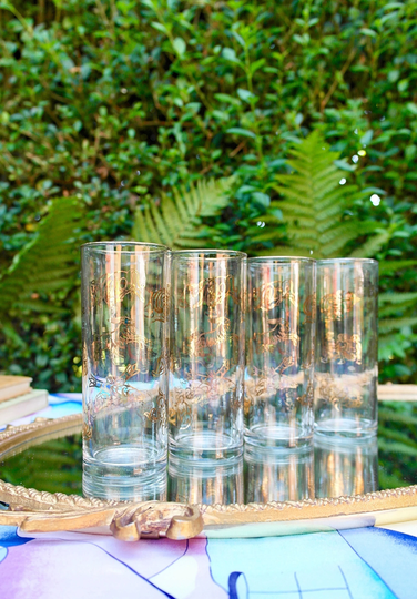 Zodiac Glasses, Midcentury Tumblers, Gold Decorated 1970S Cocktail High Ball Astrology Glassware, Set Of 4
