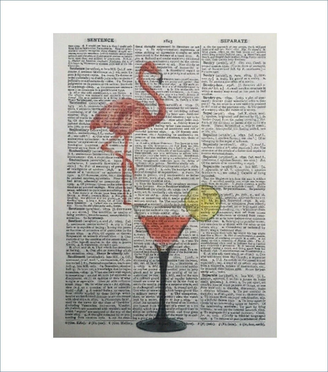 Pink Flamingo Print - Cocktail Glass Vintage Dictionary Page Garden Bar Wall Art Pub Picture Dining Room Alcohol Gin Quirky