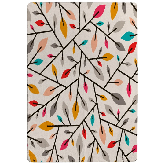 Terry Autumn Leaves and Twigs Designer Shaggy Cream/Grey/Yellow Rug