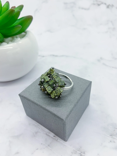 Cha-Cha Sterling Silver Ring | Russian Serpentine Jade Cube Gemstone Cluster Adjustable Cha Statement Gift For Her