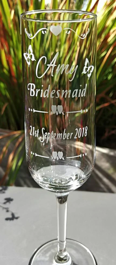 Engraved Champagne Flute - Personalised Butterfly Bridesmaid, Bride, Maid Of Honour, Mother The Bride