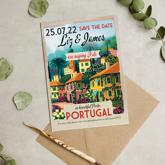 Portugal, Portuguese, Vintage Destination Postcard Wedding Save The Date Cards & Envelopes