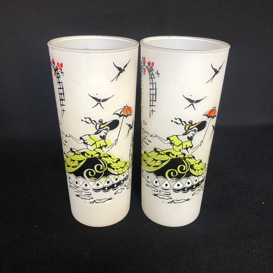 Pair Of Vintage White Frosted 16Oz Tom Collins Glasses - Barware Retro