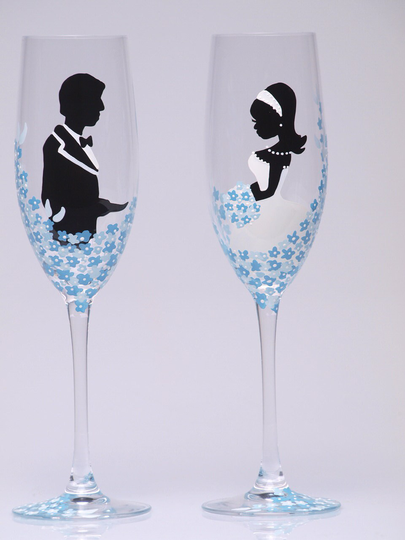 Hand Painted Wedding Toasting Flutes Set Of 2 Personalized Champagne Glasses Groom & Bride With Blue Flowers
